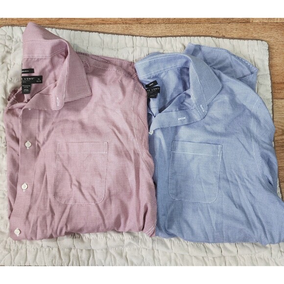 Lot Of 2 Pronto Uomo Checkered Dress Shirt Long Sleeve Button Up Mens 18 32/33 - Picture 1 of 9